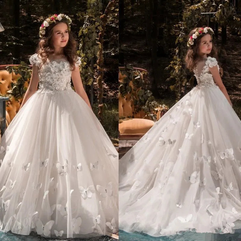 Flower Girl Dresses Tulle  Beading Appliqued Pageant Dresses For Girls First Communion Dresses Kids Prom Dresses