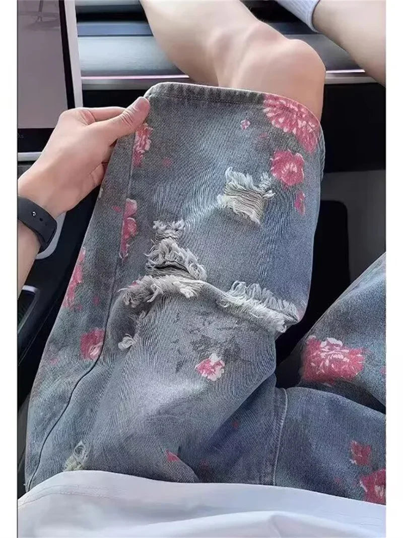 American Streetwear Washed Ripped Straight Jorts Men's Summer Floral Graphic Print Baggy Denim Shorts Hip Hop Fashion Short Jean