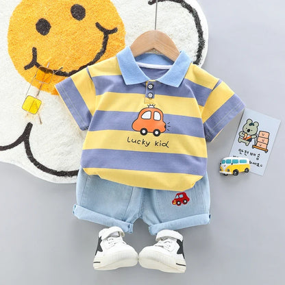 High-Quality Baby boys Polo Shirt + Handsome Denim Shorts 2-Piece Set kids girls clothes suits summer
