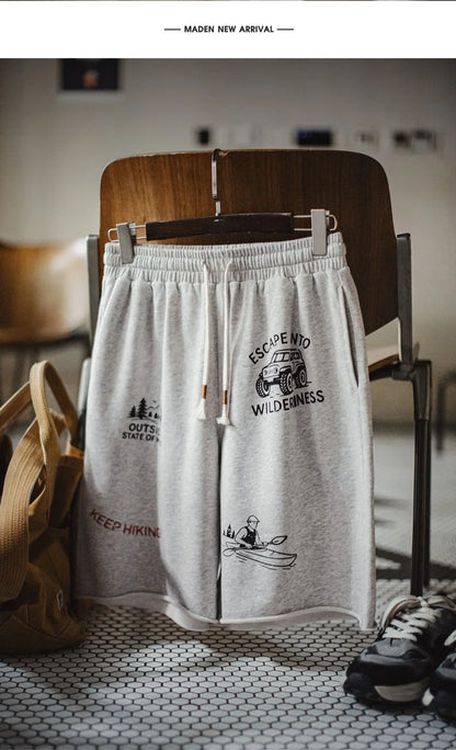 Summer Men's Shorts Retro Print Loose Sport Shorts Elastic Waist Casual Shorts American Knitted Knee-Length Short