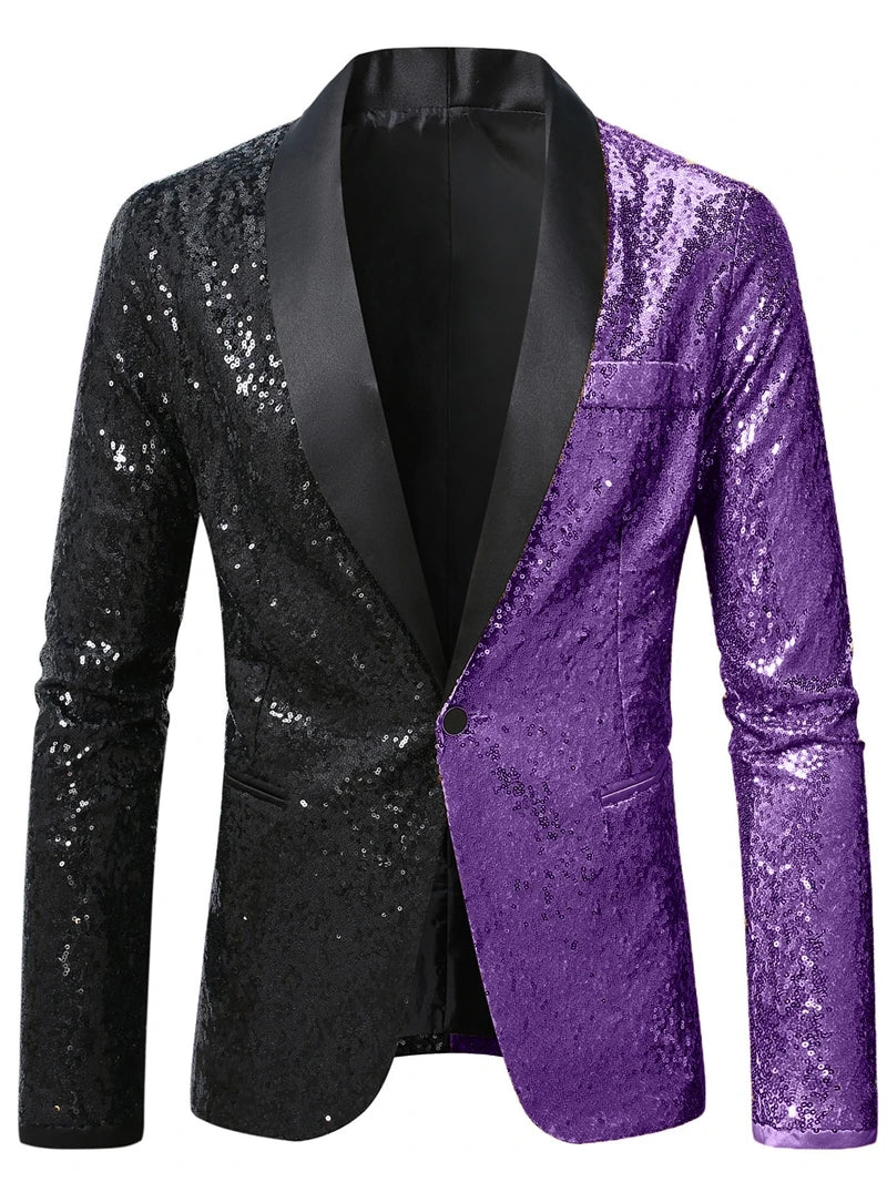 2026 Men's Suit Jacket, Shiny Sequin Stage Performance Coat, White Silver Blue Red Purple Blazers V-neck Single Button S-XXL