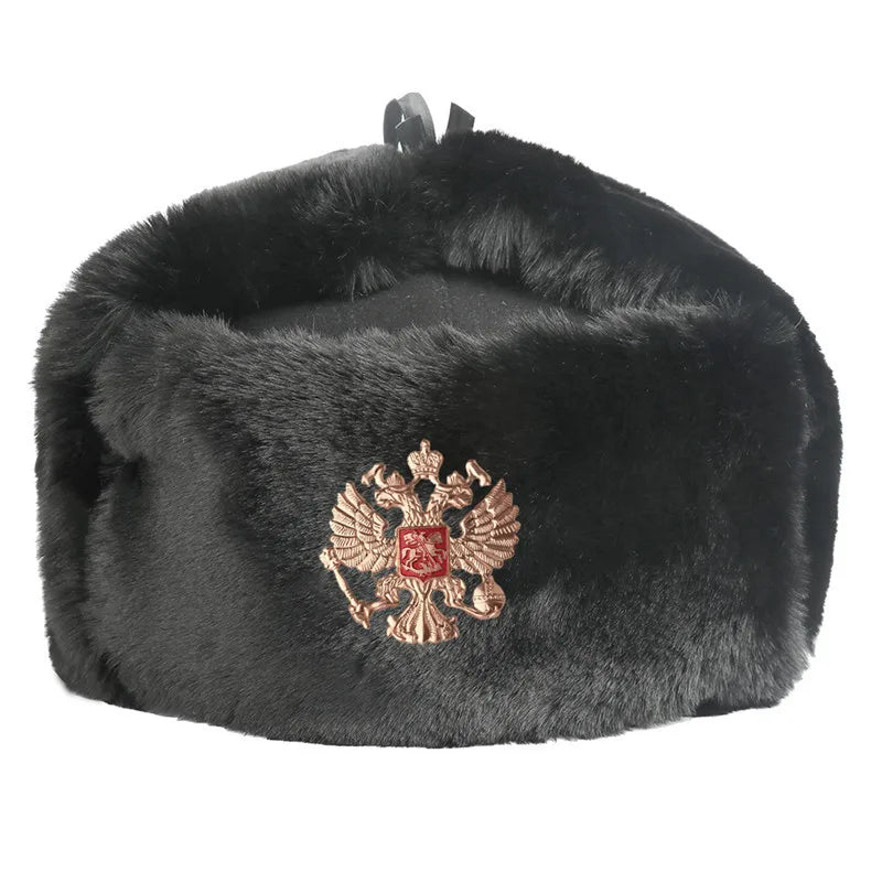 Soviet Badge Ushanka Men Winter Bomber Hats CCCP Pilot Faux Rabbit Fur Earflap Army Trapper Trooper Hat Russia Snow Cap