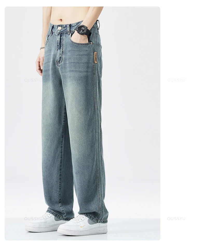 Spring Autumn High Quality Soft Lyocell Fabric Jeans Men Loose Wide Leg Pants Elastic Waist Casual Trousers Plus Size 28-40