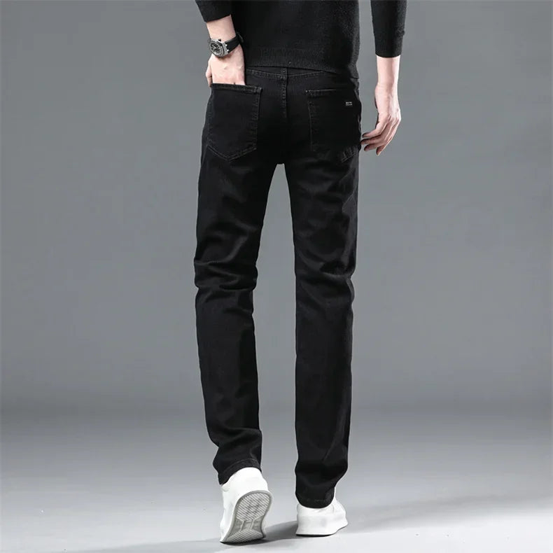 Winter Men Black Straight Stretch Denim Thick Velvet Pants Warm Jeans Casual Fleece Line Trousers Male Plus Size