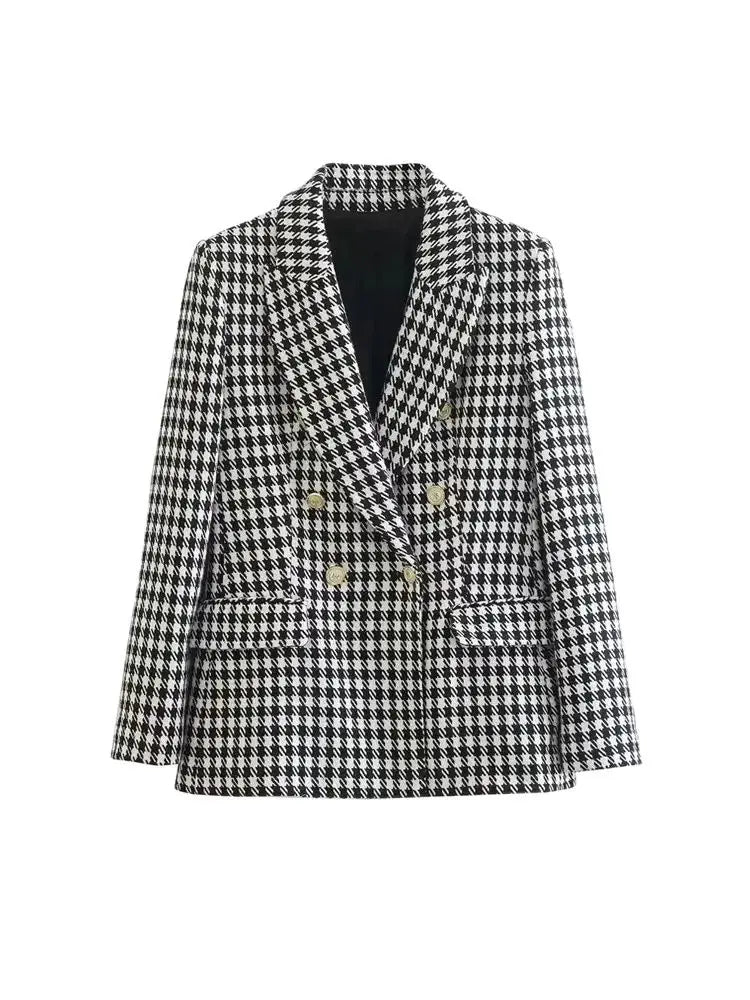 Women Fashion Double Breasted Houndstooth Blazer Coat Vintage Long Sleeve Flap Pockets Female Outerwear Chic Vestes
