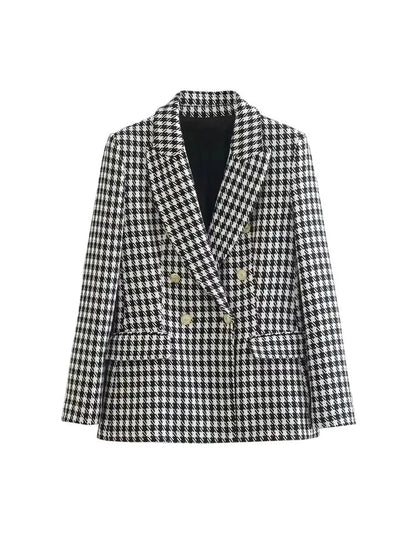 Women Fashion Double Breasted Houndstooth Blazer Coat Vintage Long Sleeve Flap Pockets Female Outerwear Chic Vestes