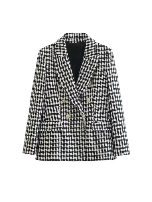Women Fashion Double Breasted Houndstooth Blazer Coat Vintage Long Sleeve Flap Pockets Female Outerwear Chic Vestes