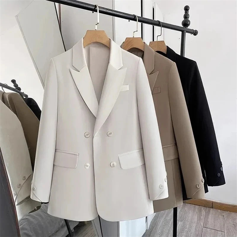 Women Blazers 2025 New Spring Autumn Loose Casual Suit Jackets Double Breasted Suit Collar Fashion Chic Cuff Design Female Tops