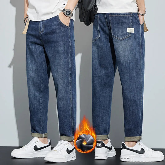 Winter Dark Blue Fleece Jeans for Men Black Loose Straight Casual Trendy Comfortable Versatile Youth Thickened Harem Pants Blue
