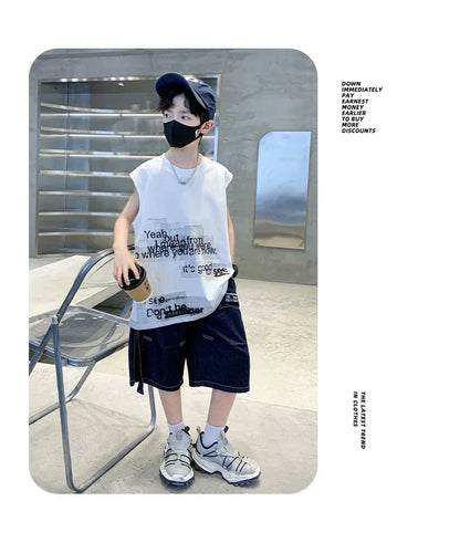 New Summer Children High Quality Cotton Clothing Set for Kids Boy Sleeveless Tshirt And Denim Shorts 2 Pieces Top Bottom Suit