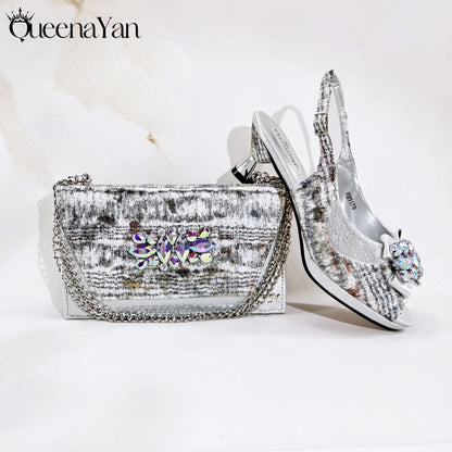 New Women High-Heel Shoes Elegant Wine Rhinestone Metallic Diamond Accents Paired with Match Handbag Exquisite Special-Material