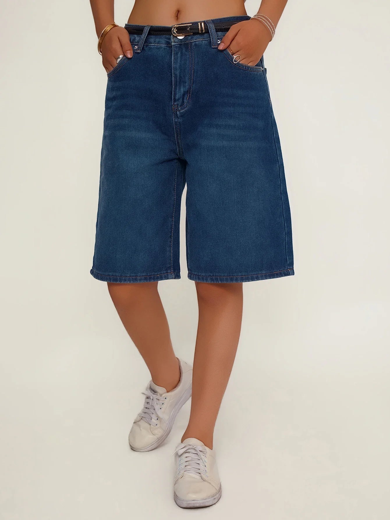Women's Loose Fit Casual Denim Shorts Deep Blue American Style Spring Summer Suitable All-Match Ladies Jeans Shorts
