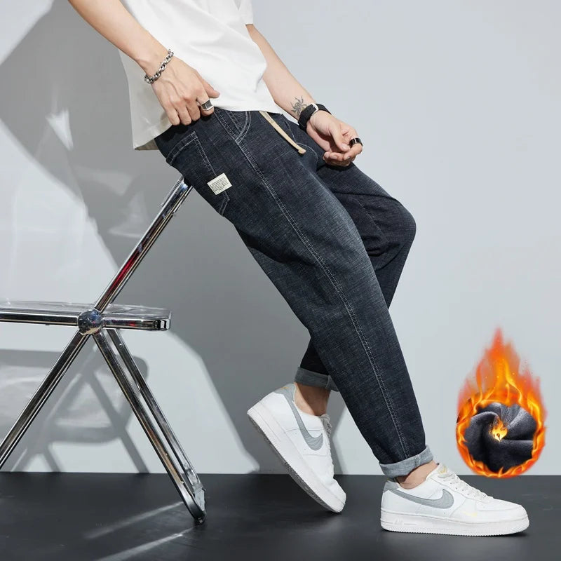 Winter Dark Blue Fleece Jeans for Men Black Loose Straight Casual Trendy Comfortable Versatile Youth Thickened Harem Pants Blue