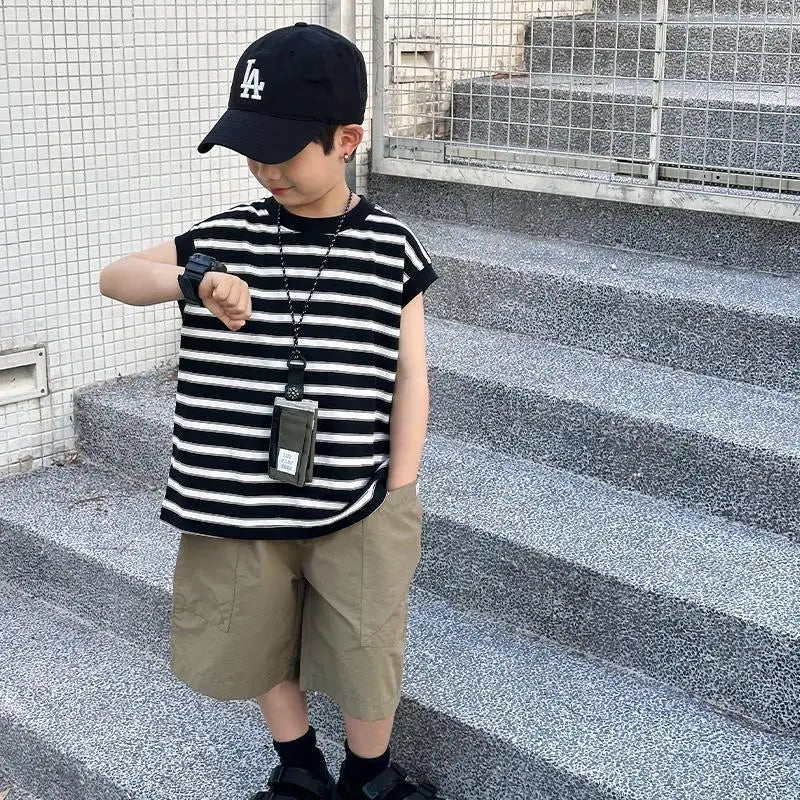 Striped Sleeveless Vest Children Clothing Top and Bottom Clothing Set Fashion 8 14 Years Children's Suit for Boy Clothes Outdoor