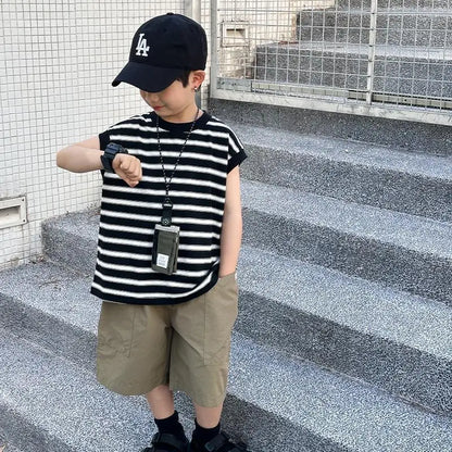 Striped Sleeveless Vest Children Clothing Top and Bottom Clothing Set Fashion 8 14 Years Children's Suit for Boy Clothes Outdoor