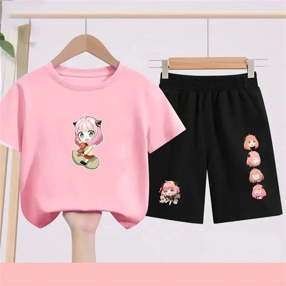 Kids Japanese Anime Spy X Family T-Shirt Sets cool Tops Boy Girls red Casual TShirt+Shorts Children's Summer Short Sleeve