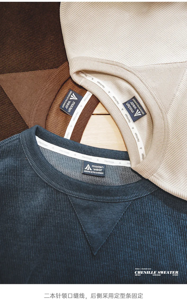 Heavyweight Round Collar Chenille Sweater for Men Spring and Autumn Basic Styles Long-sleeved Pullover Navy Blue T-shirts