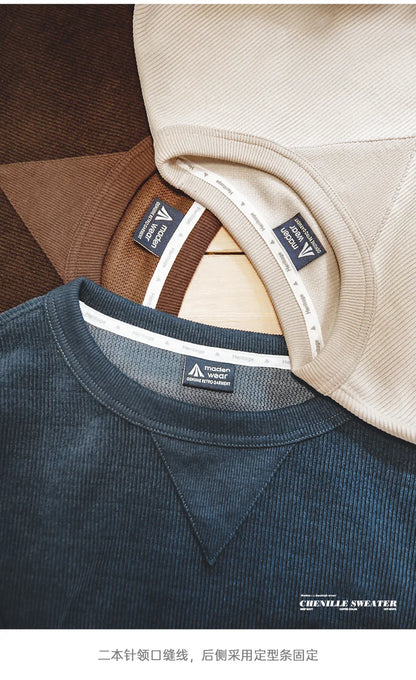 Heavyweight Round Collar Chenille Sweater for Men Spring and Autumn Basic Styles Long-sleeved Pullover Navy Blue T-shirts