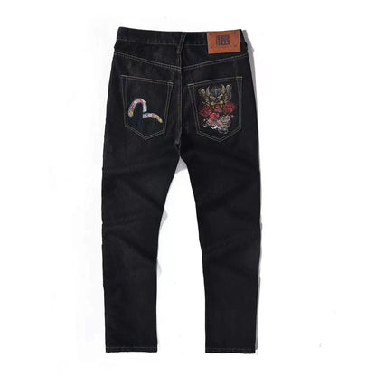 Japanese Handmade Embroidered Jeans Men's Pure Cotton Straight Tube Hip-Hop Popular Slim Red Ears Show Thin Trousers Devil Big M