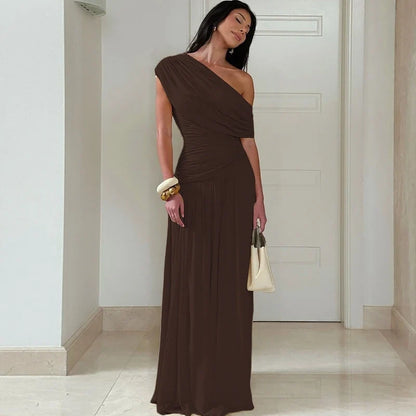 One Shoulder Ruched Sleeveless Solid Pleated Sexy Irregular Y2K Maxi Dress Summer Elegant Party Women Clothes Vacation