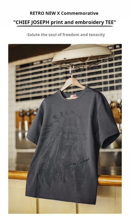 Vintage Navajo Print Short Sleeve T-Shirt Men's Summer Heavyweight Cotton Tee Letter Embroidered Loose Fit Crew Neck Tops