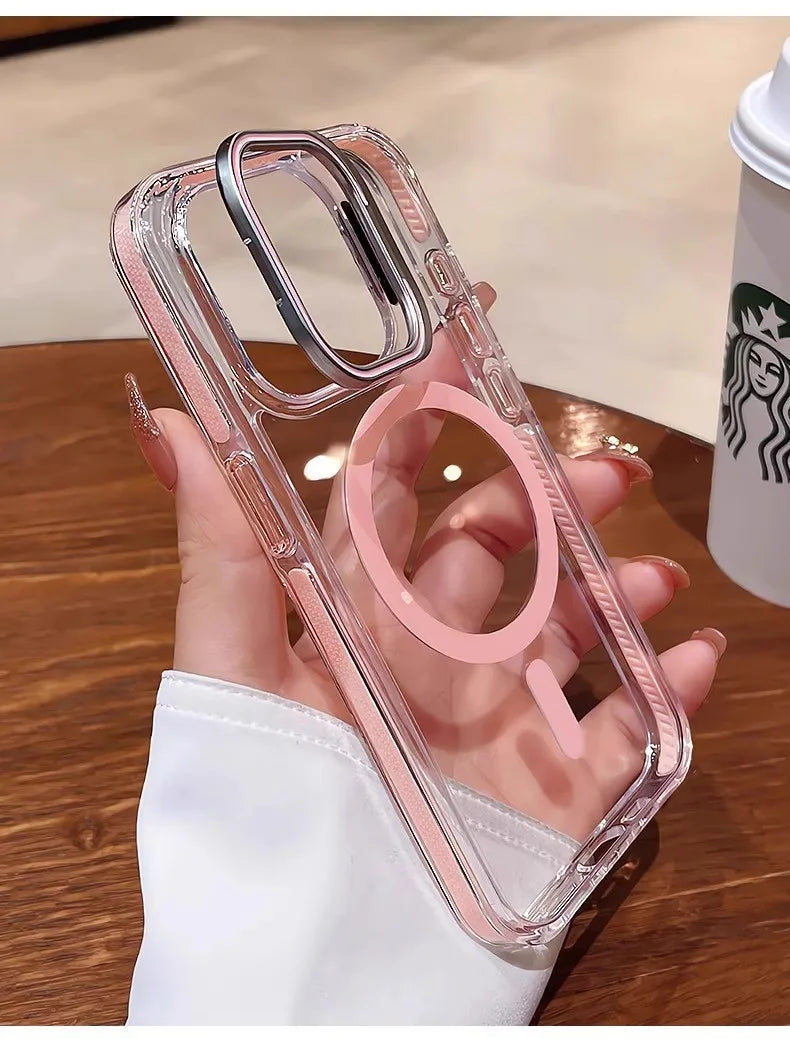 Luxury Lens Holder Shockproof Magnetic Case For iPhone 16 15 14 Plus 13 12 17 Pro Max 17Air 16e Magsafe Fashion Clear Cover