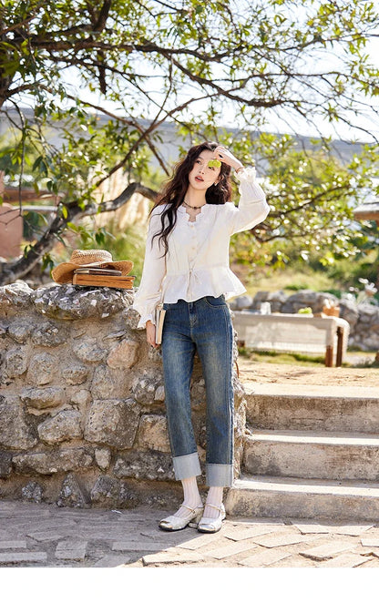 Embroidered Blouse Women 2025 Spring New French Elegant Apricot Lace Premium Drawstring Design V Neck Tops MXE11X1708