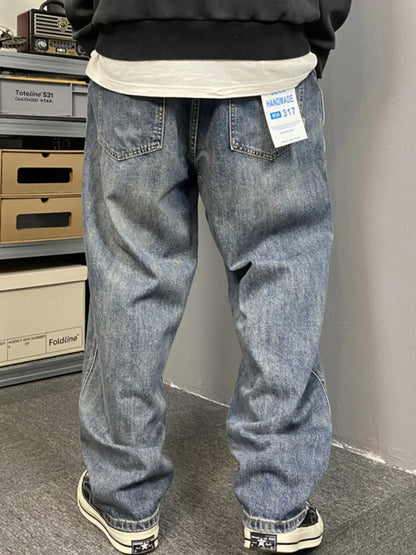 American Style Casual Faded Loose Straight Leg Jeans for Men Spring Autumn Wear Comfortable Wide Leg Pants Youth Fashion