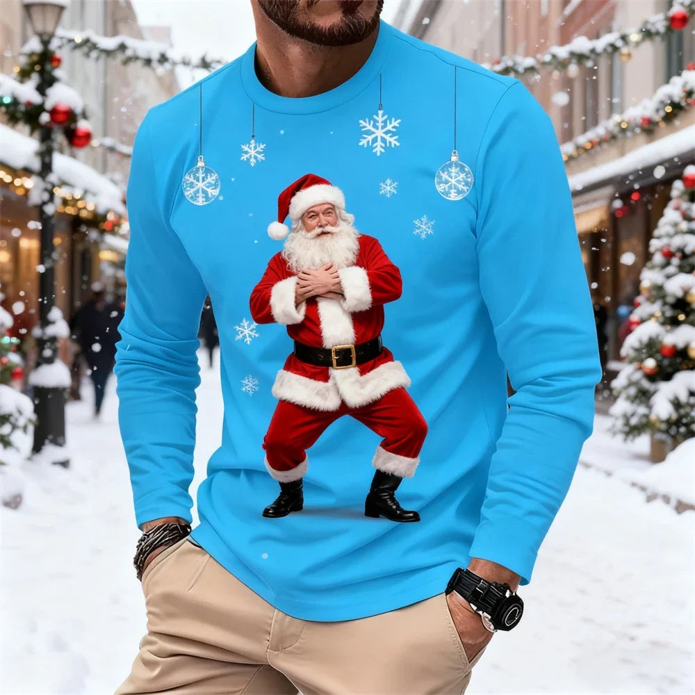 New Fun Santa Claus Design Comfortable Long-Sleeve T-Shirt Santa Claus Pattern Men's Casual Crew Neck Loose-Fit Breathable Top