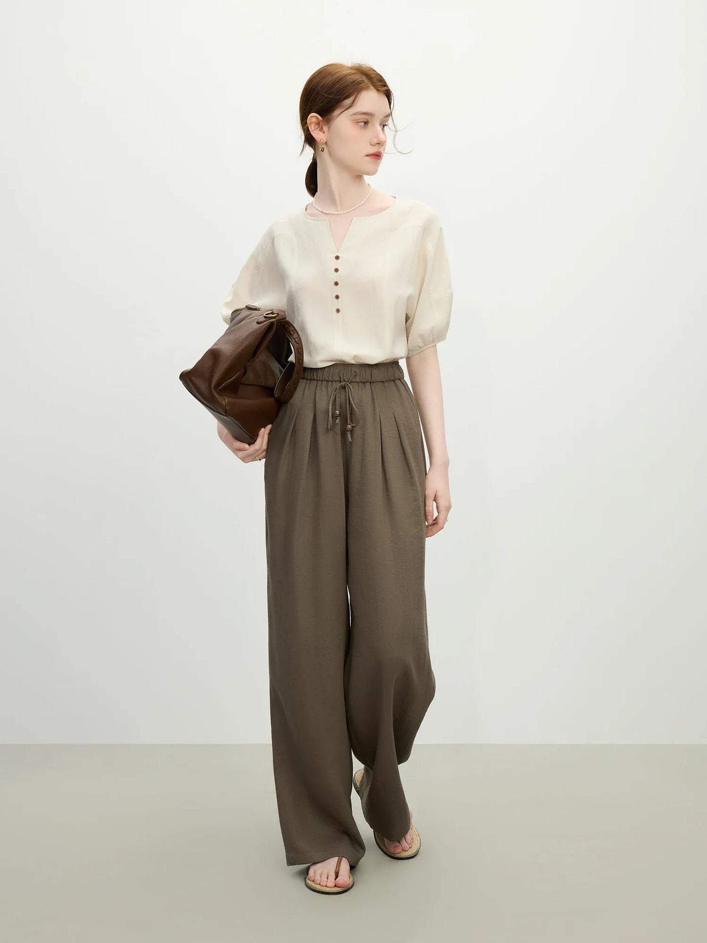 MInimalism Apricot Style Loose Short-sleeved Women Shirt 2025 Summer New Casual Small V-neck Sleeves Slim Top 25FS12246