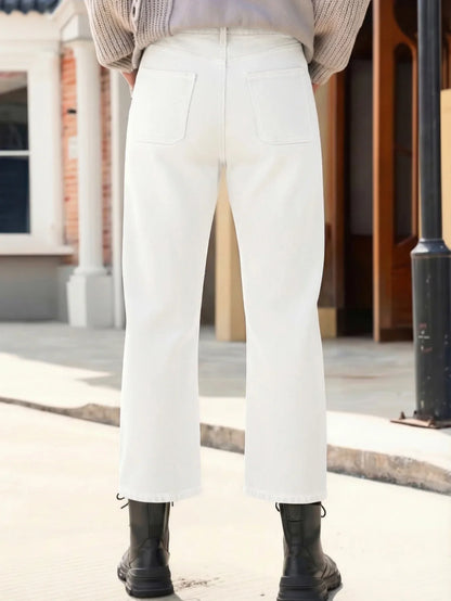 Women's Casual Loose Stretch Denim Pants Front Button Comfortable Washed Nine-Inch Long Trousers