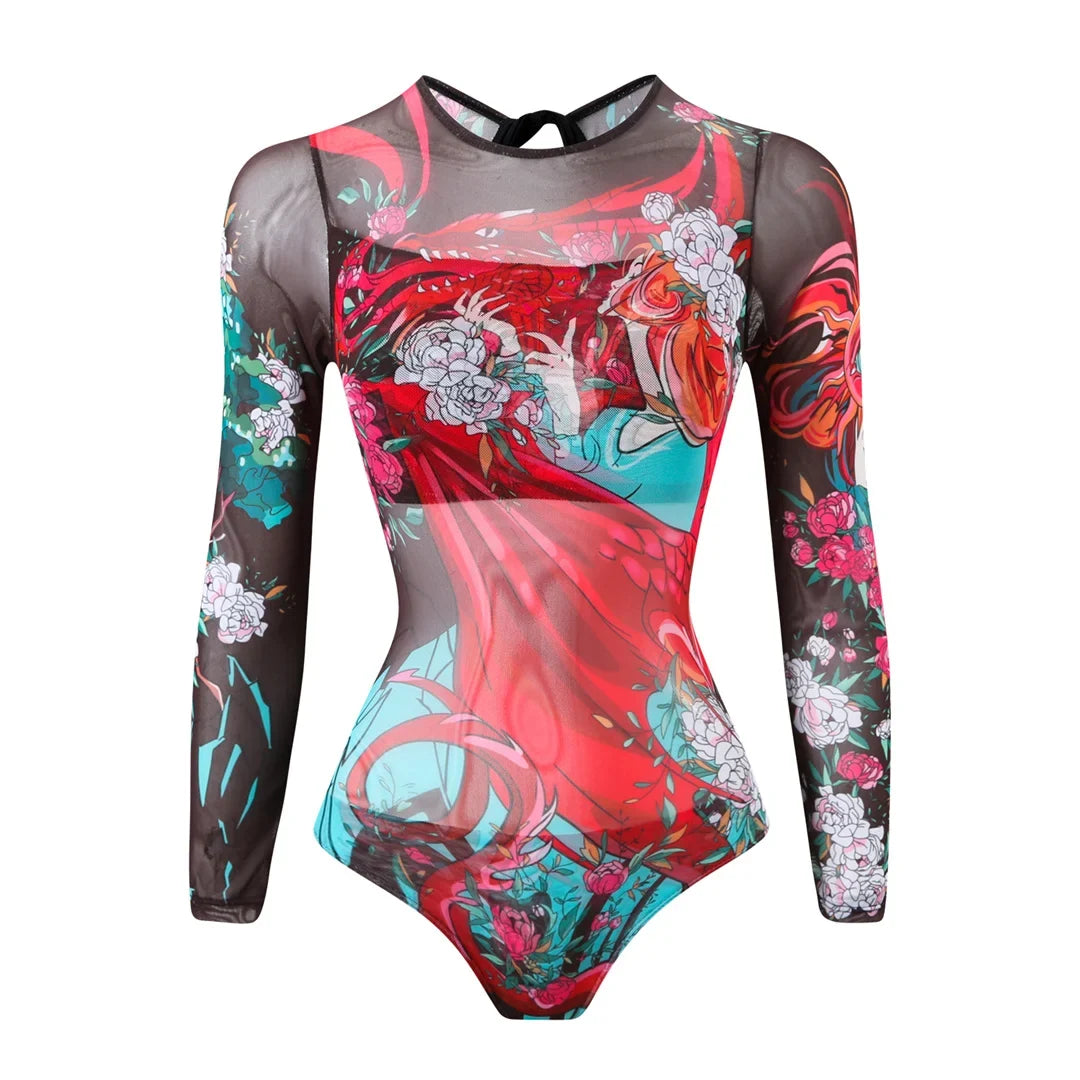 S - XXL Printed Long Sleeve With Sarong One Piece Swimsuit Women Swimwear Female Flowers Padded Bather Bathing Suit Swim V7181