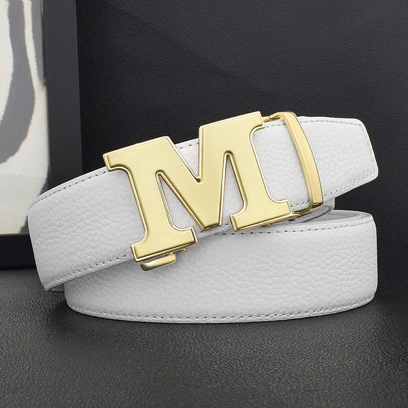 High Quality Designers Letter M White Leather Belt Men Luxury Famous Young Men Cowhide  Brand Jeans Relaxed Jeans Mode Man Belt