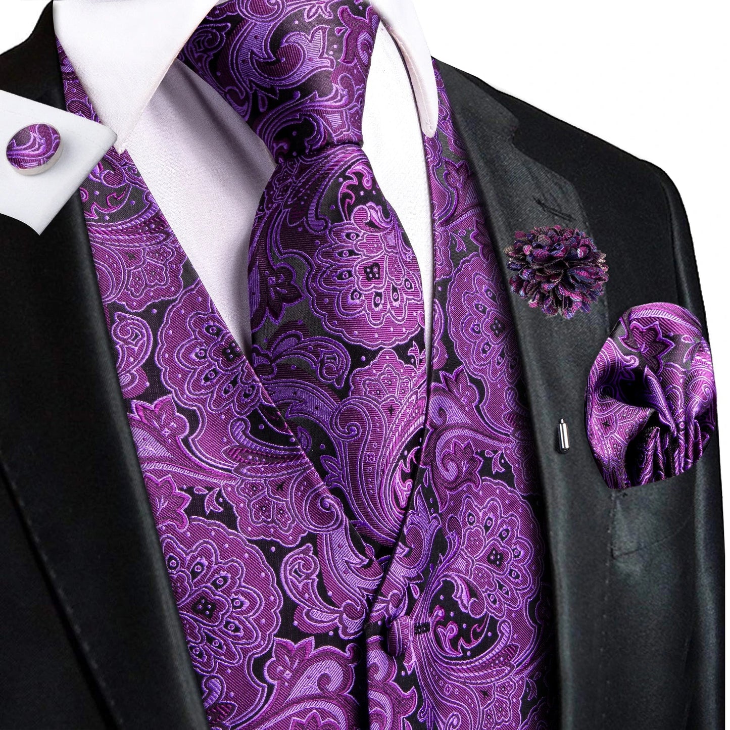 High Quality Silk Mens Vests Pink Gray Floral Waistcoat Tie Hanky Cufflinks Brooch Set for Men Suit Wedding Office Gift