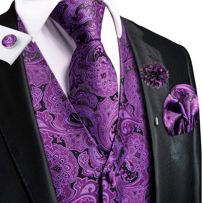 High Quality Silk Mens Vests Pink Gray Floral Waistcoat Tie Hanky Cufflinks Brooch Set for Men Suit Wedding Office Gift