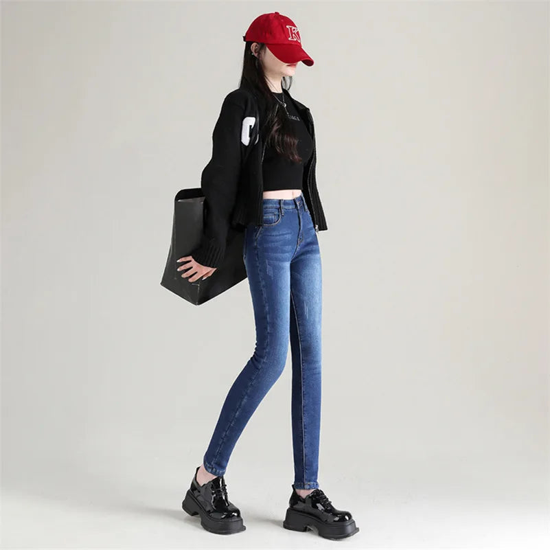 New Winter Women Snow Thermal Fleece Skinny Jeans Casual Lady Warm Velvet Thick Pencil Pants Female Basic Fleece Denim Trousers