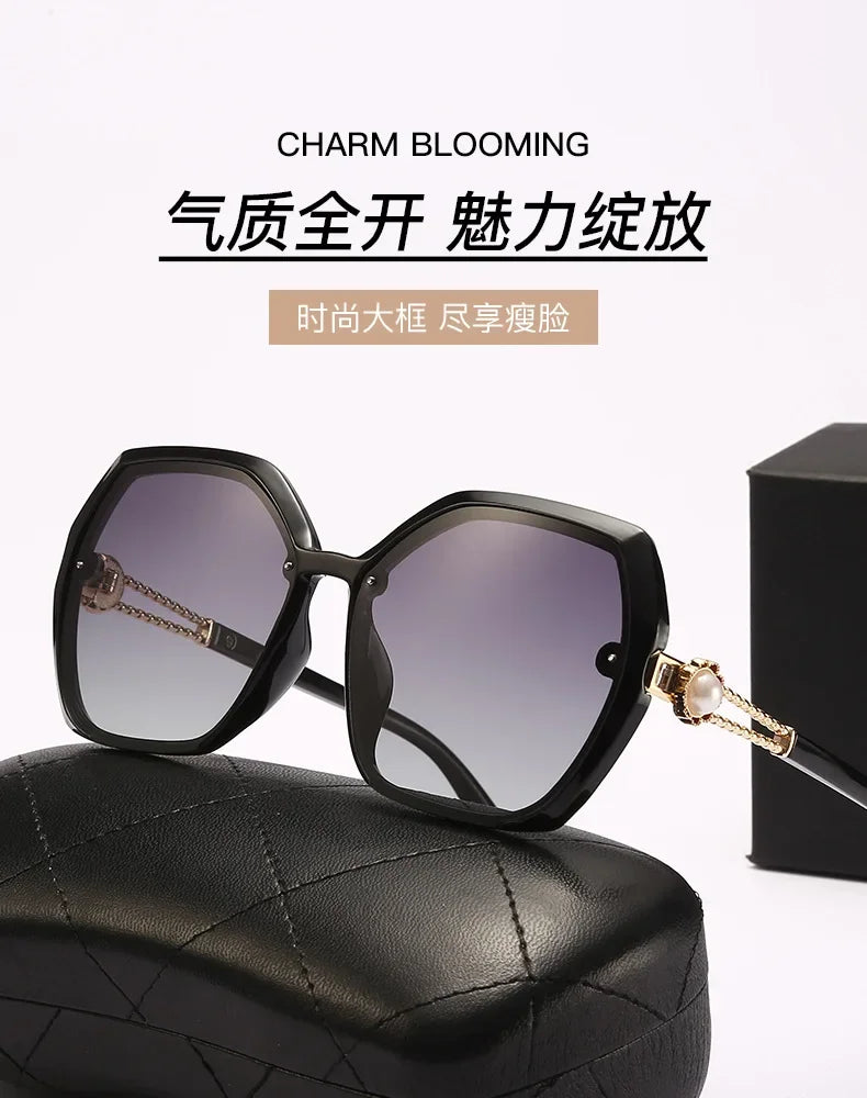 Fashion Large Frame Ladies Hollow Out Clover Inlay Women Polarized Sunglasses Drive Outdoors Sun Protection UV400 Sun Glasses