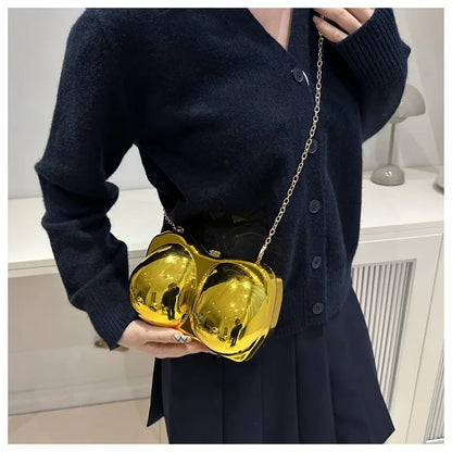 Party Purse Chest Shape PVC Bag For Women 2025 Mini Crossbody Bag Metal Chain Shoulder Bag Luxury Gold Silvery Lipstick Pouch