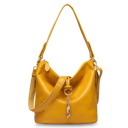 Elegant Women Red Leather Handbag 100% Genuine Leather Lady Hobo Bag Charming Ring Medium Shoulder Bag Bright Yellow Bags