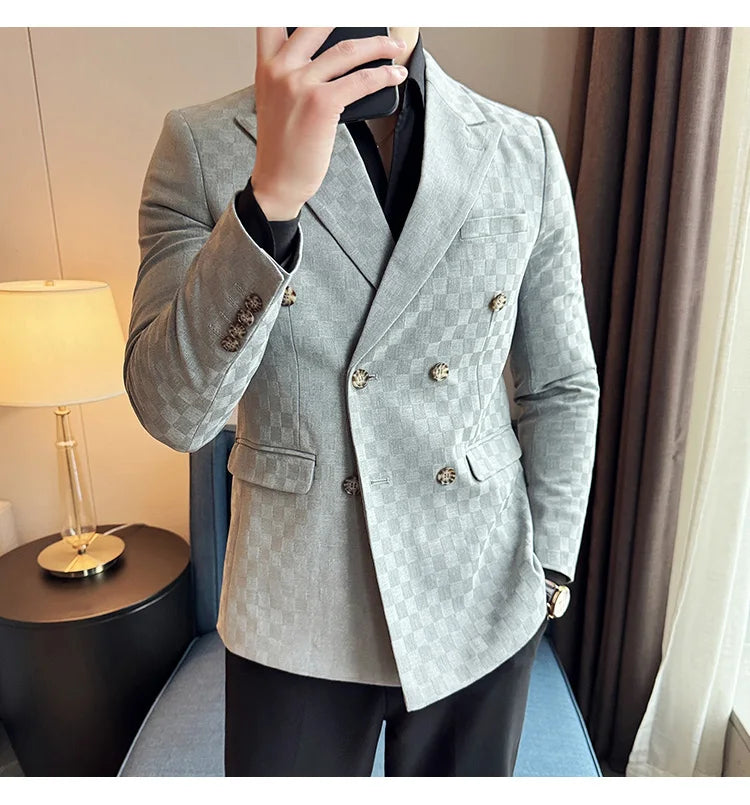 6 Color Luxury Double Breasted Blazers Coats 2024 New Fashion Checkered Business Slim Fit Social   Formal Suit Jacket 5XL-M