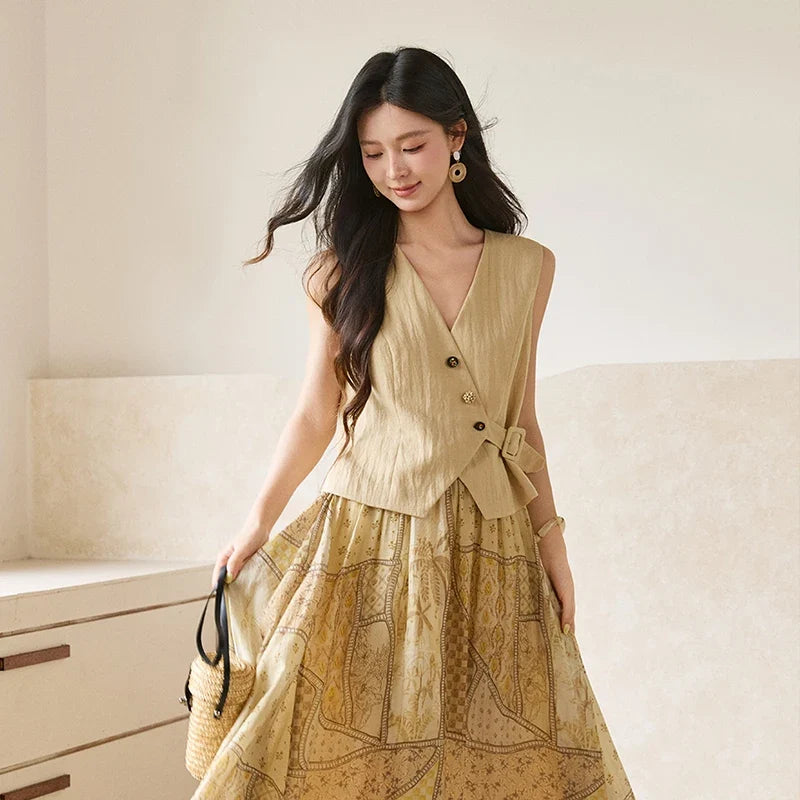 Women's Sleeveless V Neck Vest 2026 Summer Asymmetric Button Belted Waist Slim Solid Waistcoat Office Lady MXF27W1076