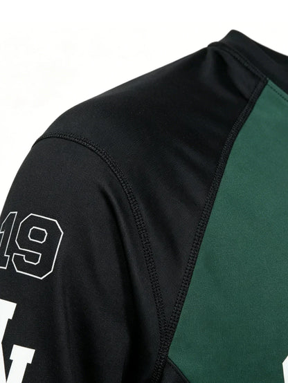 Loose men's dark green and black casual breathable quick-drying digital printed jersey long-sleeved T-shirt for daily use