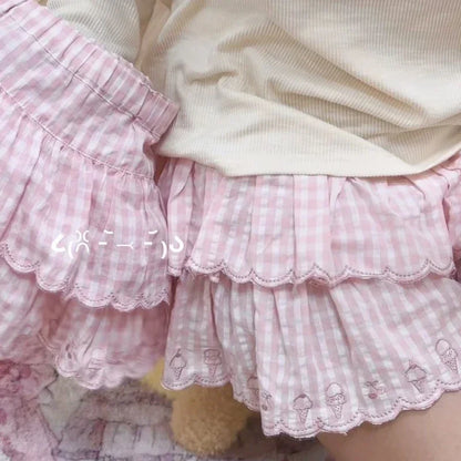 Japanese Sweet Summer Skirt Women High Waist Kawaii Embroidery Mini Skirt New Fashion Plaid Y2k Pink Cute Skirts 2025