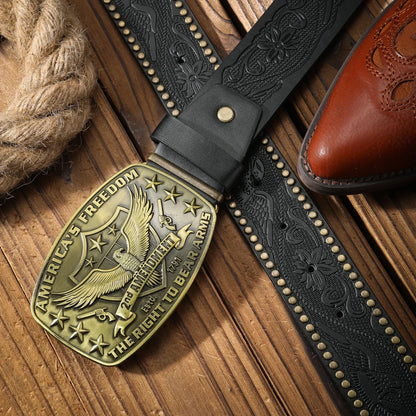 A western denim style PU material embossed belt metal plate QQ head men and women of the same daily leisure delivery punch nails