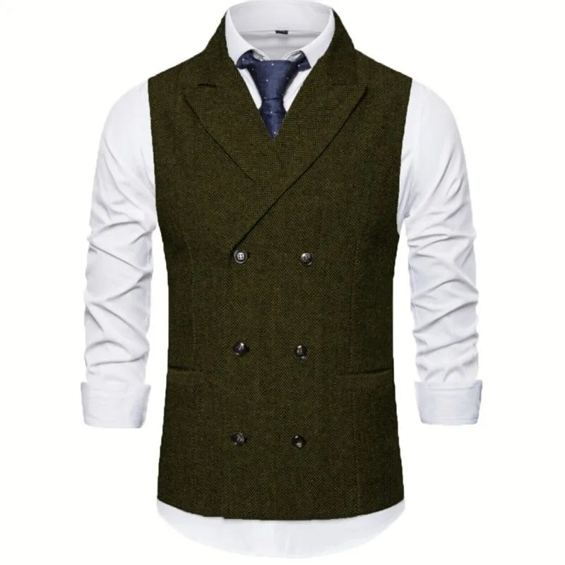 Men Vest Brown Herringbone Double Breasted Buckle Solid Business Casual Waistcoat Regular Slim Banquet Men Suit Vest