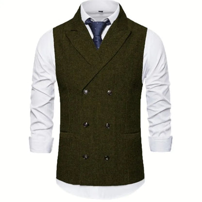 Men Vest Brown Herringbone Double Breasted Buckle Solid Business Casual Waistcoat Regular Slim Banquet Men Suit Vest