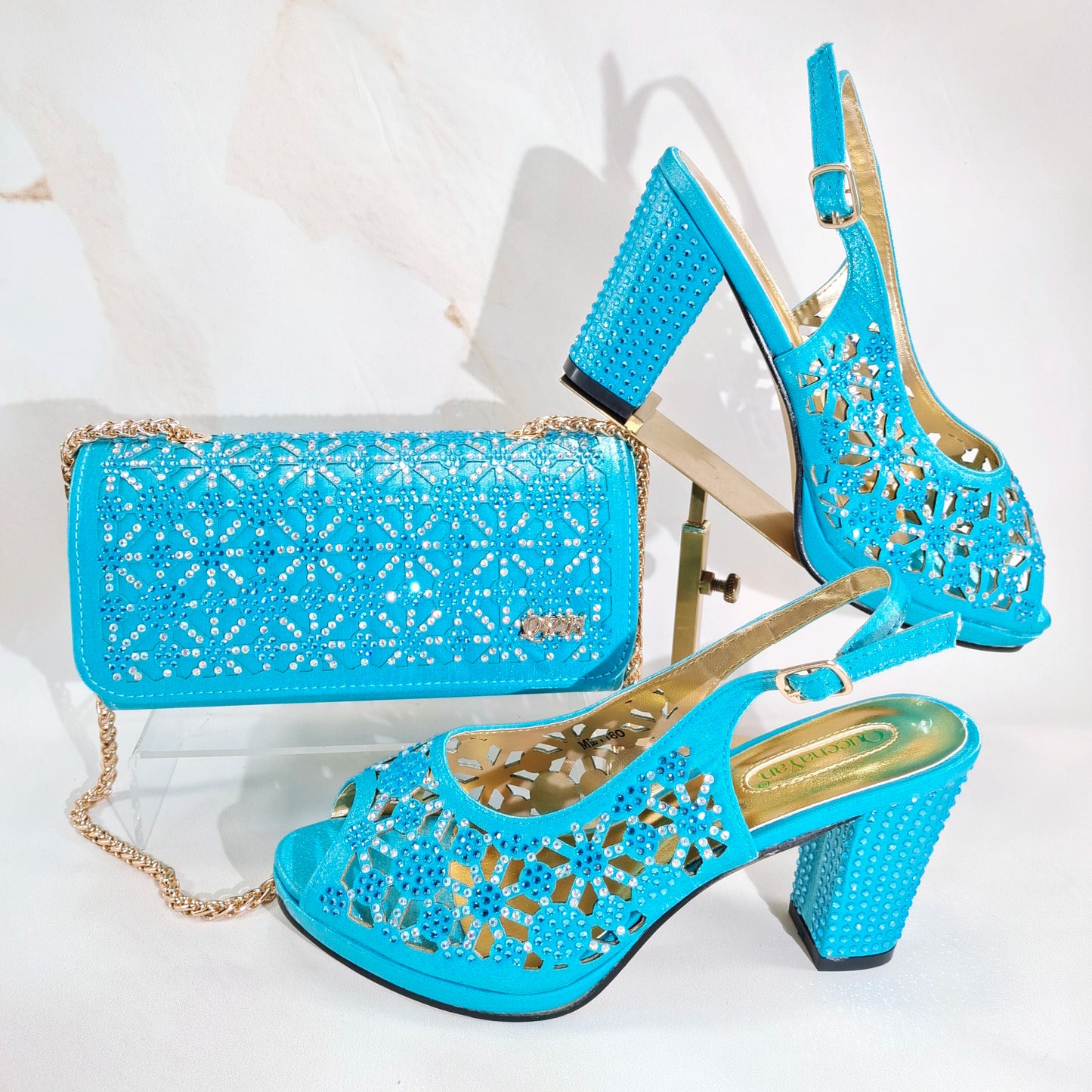 2025 New Rhinestone Design African-Inspired Shoe and Bag Set Olive Toe-Exposing Comfortable Women's High Heels Trending on INS