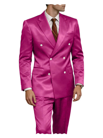 Luxury Men's Shiny Satin 2 Piece Suit Peak Lapel Double Breasted Jacket Pants Elegant Slim Fit Formal Tuxedo for Wedding Party