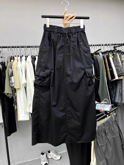 Vintage Skirts for Women American Fashion High Waist Back Slit Cargo Skirt Streetwear All-match Pockets Trendy Harajuku Chic New