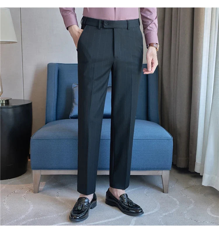 Autumn Winter New Thickened Wool Striped Suit Pants Men's High Qualitys Elastic Waist Slim Fit Business Casual Trousers 38-29